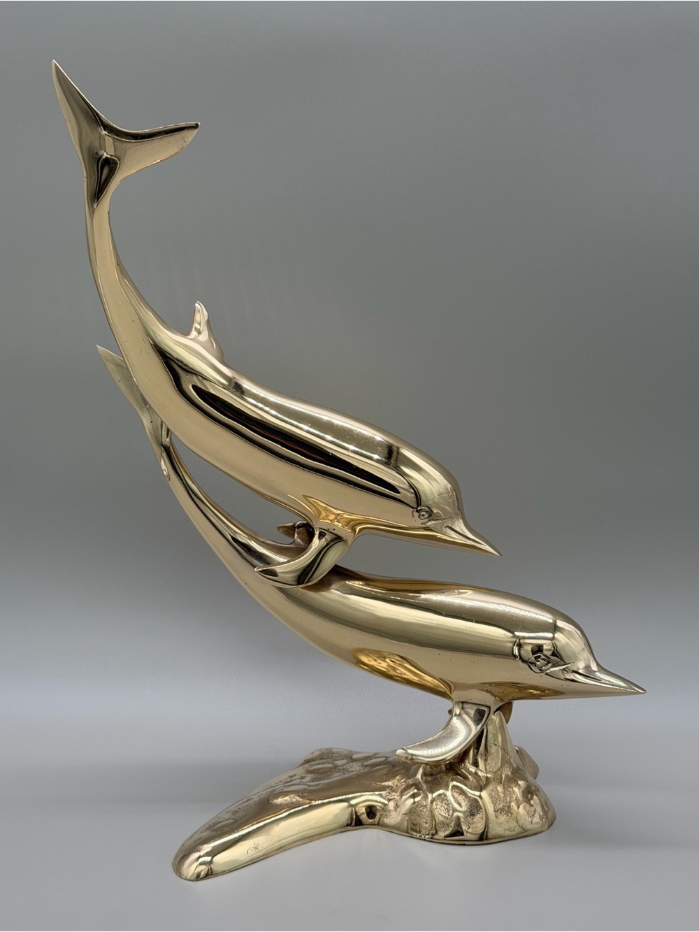 VTG 70s OLEE 13.5” Heavy Solid Brass Double Dolphin Sculpture Statue MCM Korea